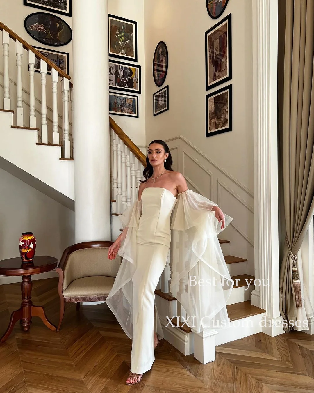 Платье-футляр с открытыми плечами XIXI Длинные свадебные платья из тюля короткими