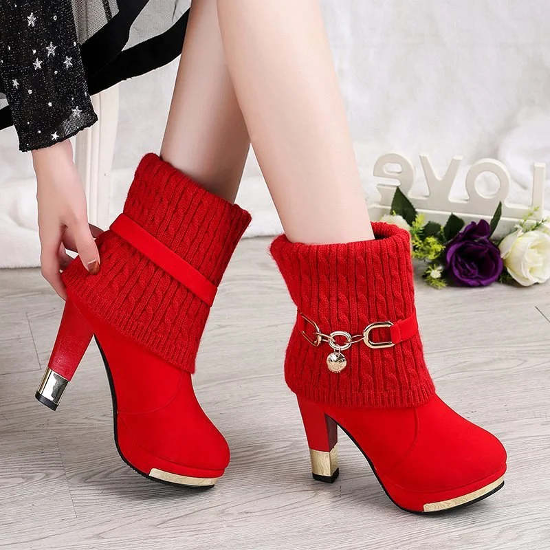 New Woman Shoes High Heels Sexy Black Sock Boots Red Christmas Boots Stretch Fabric Shoes Woman Black Ankle Boots