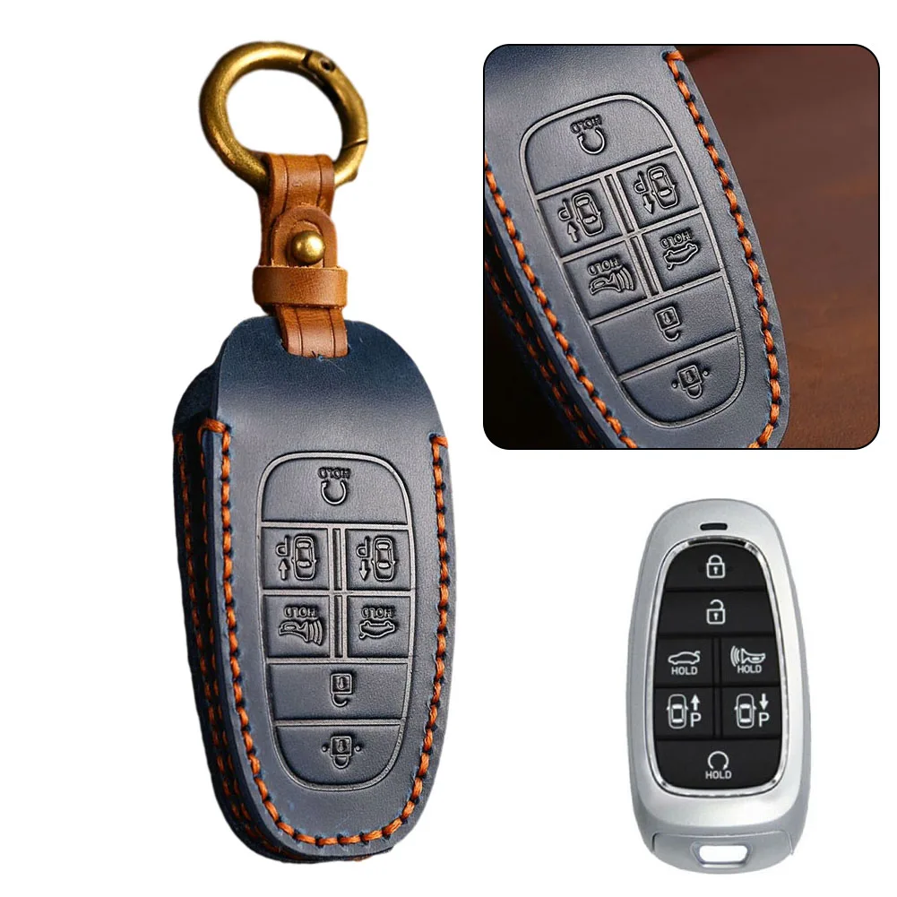 

Perfect Design Car Key Cover Holder Shell 7 Buttons Anti-Drop Anti-Fall Cowhide Decoration Full Coverage Key Fob