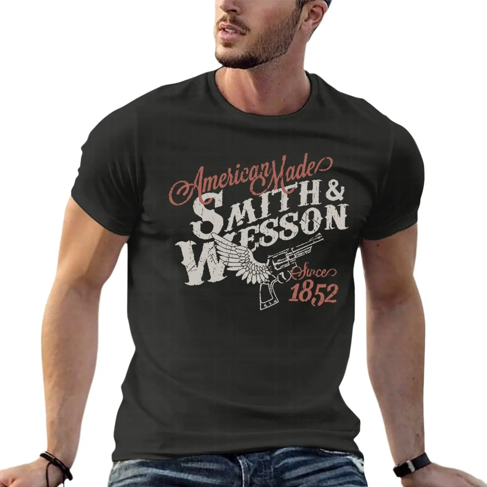 

Smith Wesson American Made Winged Gun Oversize T Shirt Brand Mens Clothes Short Sleeve Streetwear Large Size Tops Tee