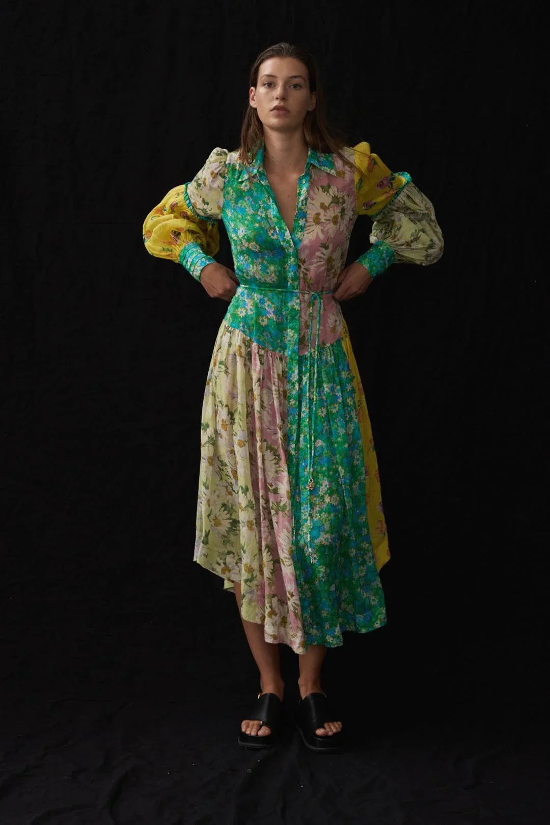 

Alem@ais* Summer Women Dress Ramie Full Lanter Sleeve Turndown-Collar Floral Printing Green Patch-Work Ankle Vintage Holiday