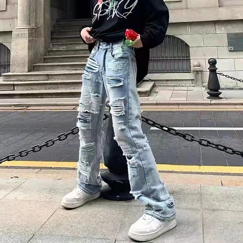 Mens Jeans Streetwear Distressed Casual Baggy Denim Trousers Harajuku Straight Vibe Style Loose Pants Ripped Hole Retro Washed