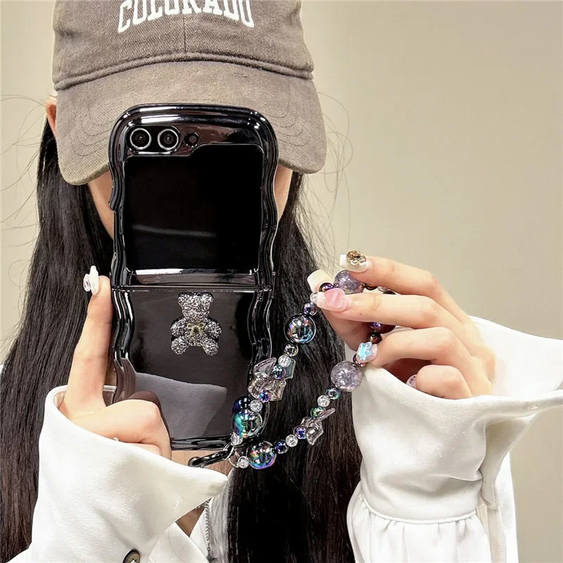 Блестящий чехол с медведем и гальваническим покрытием для телефона Samsung Galaxy Z Flip 6