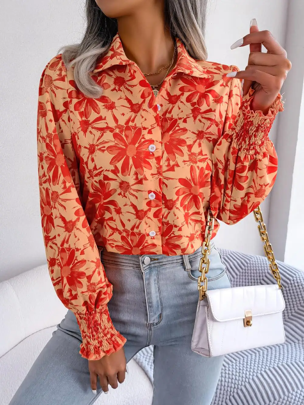 

Women's Printed Long Sleeved Shirt, Lantern Collar, Casual Camisas Y Blusas Blusas Mujer Envío Gratis Camisas De Mujer Blouse