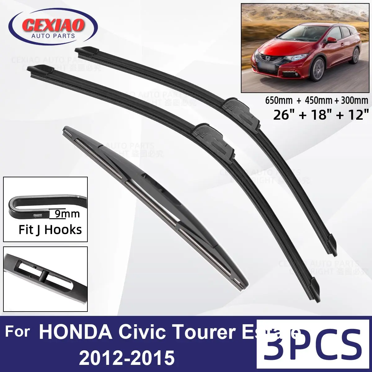 

For HONDA Civic Tourer Estate 2012-2015 Car Front Rear Wiper Blades Soft Rubber Windscreen Wipers Auto Windshield 26"18"12" 2014