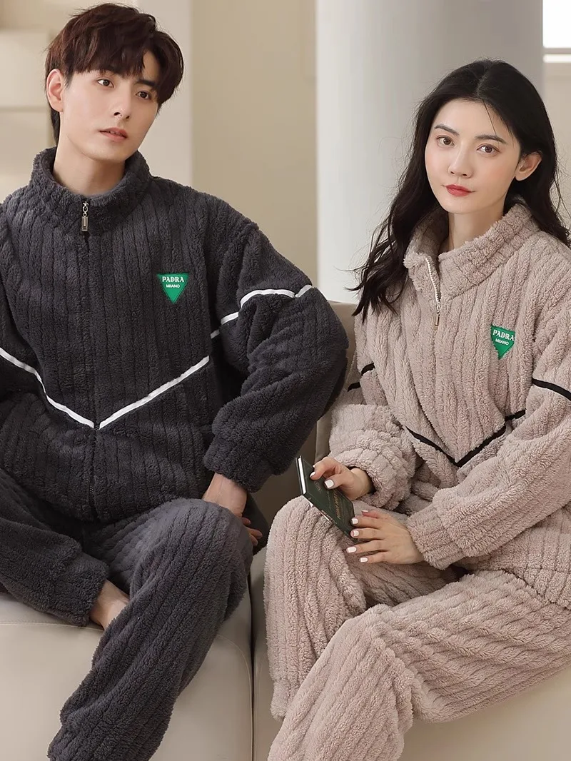 2024 Winter Couple Pajamas Warm Coral Fleece Thickened Fleece-lined Flannel Zip-up Langsha Home Wear Set