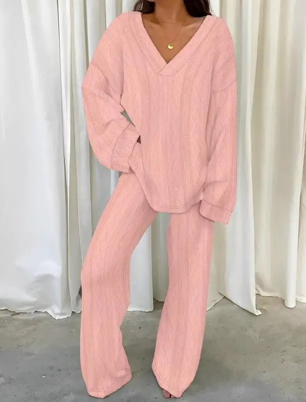 

Two Piece Set Woman Outfit 2023 Autumn Casual Long Sleeve V-Neck Cable Textured Top & Fashion Pants Set Women's Suits Clothing