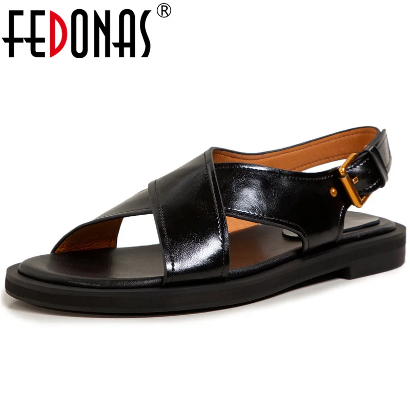 

FEDONAS Women Sandals Retro Concise Rome Style Genuine Leather Low Heels Pumps Working Casual Buckle Shoes Woman Summer Brand