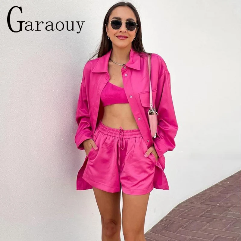 

Garaouy2022 Summer Women Satin Drawstring Shorts+Shirts Solid Blouse Turn Down Collar Long Sleeve Tops Female Femme Blusas Mujer