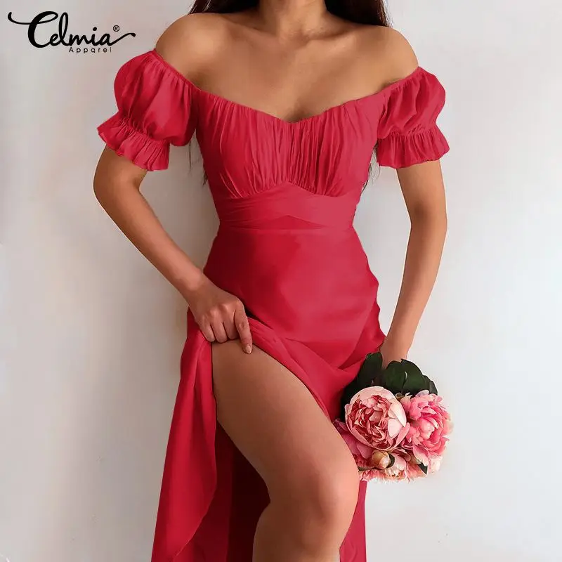 

Celmia Pleated Waisted 2022 Summer Vestidos Satin Short Puff Sleeve Off Shoulder Holiday Midi Dress Women Sweet Sexy Sundress