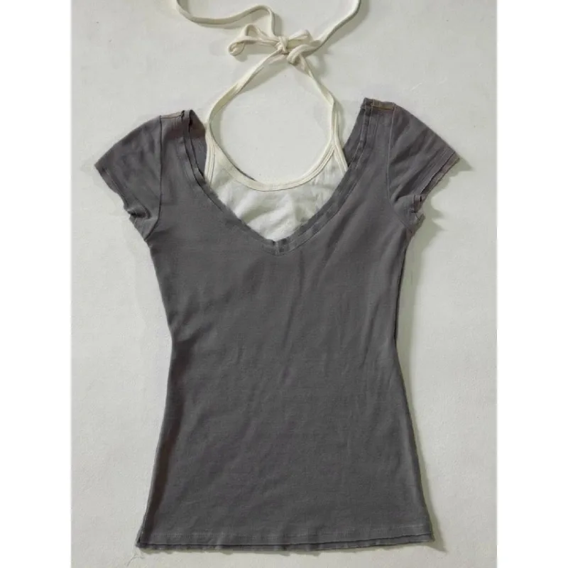 Американский винтажный серый топ на бретелях с коротким рукавом женские летние