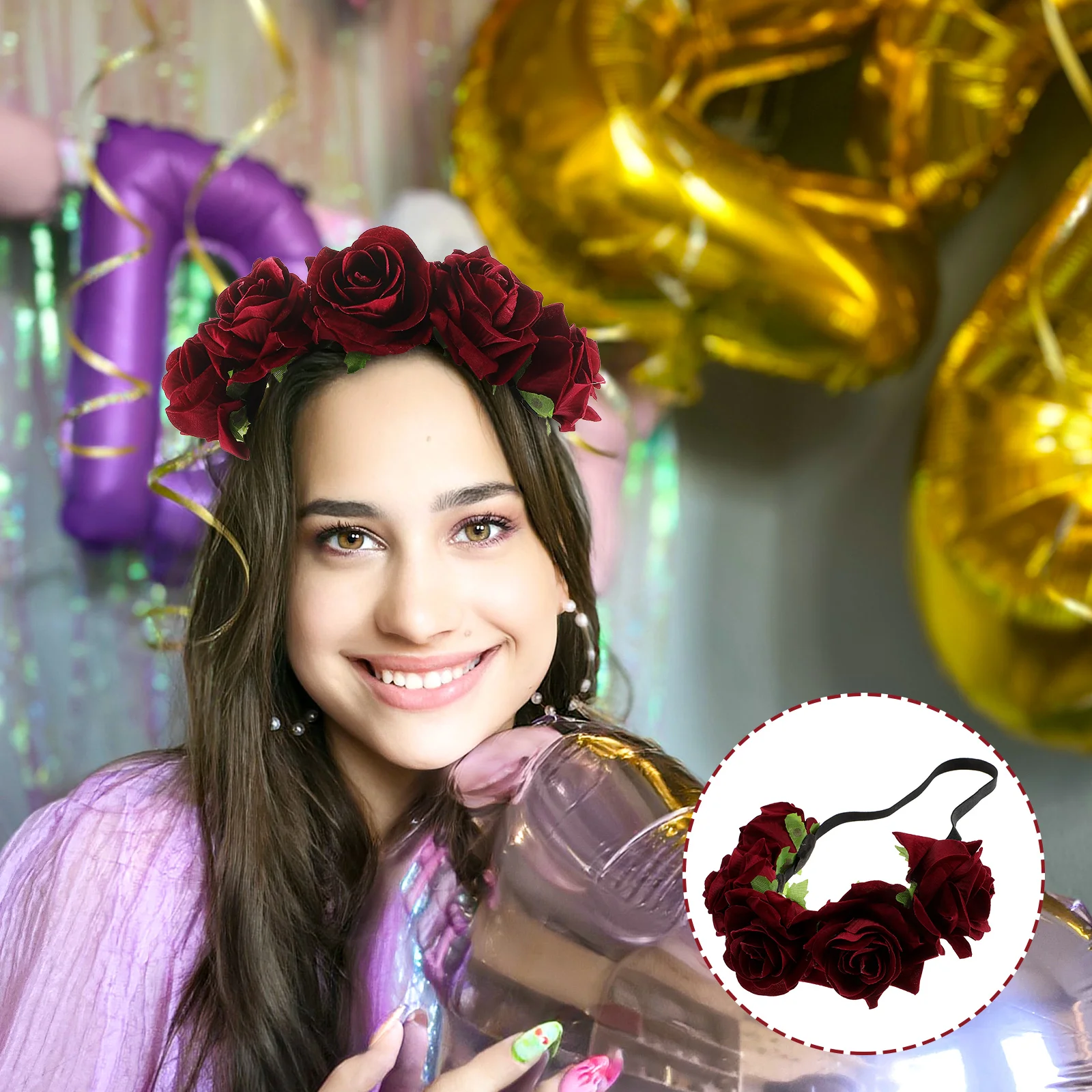 

Rose Flower Headband Rose Floral Crown Floral Headpiece Red Floral Hairband Hair Accessory for Holiday Wedding ( 7cm )