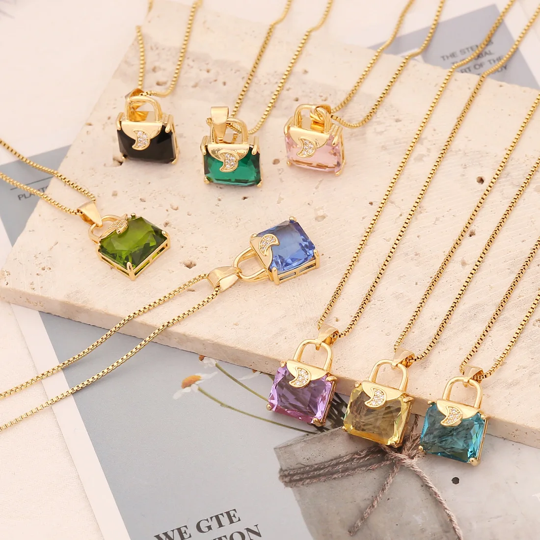 

Personality Moon Handbag Shape Crystal Necklace For Women Stainless Steel Gold Color Box Chain Pendant Charm Choker Punk Jewelry
