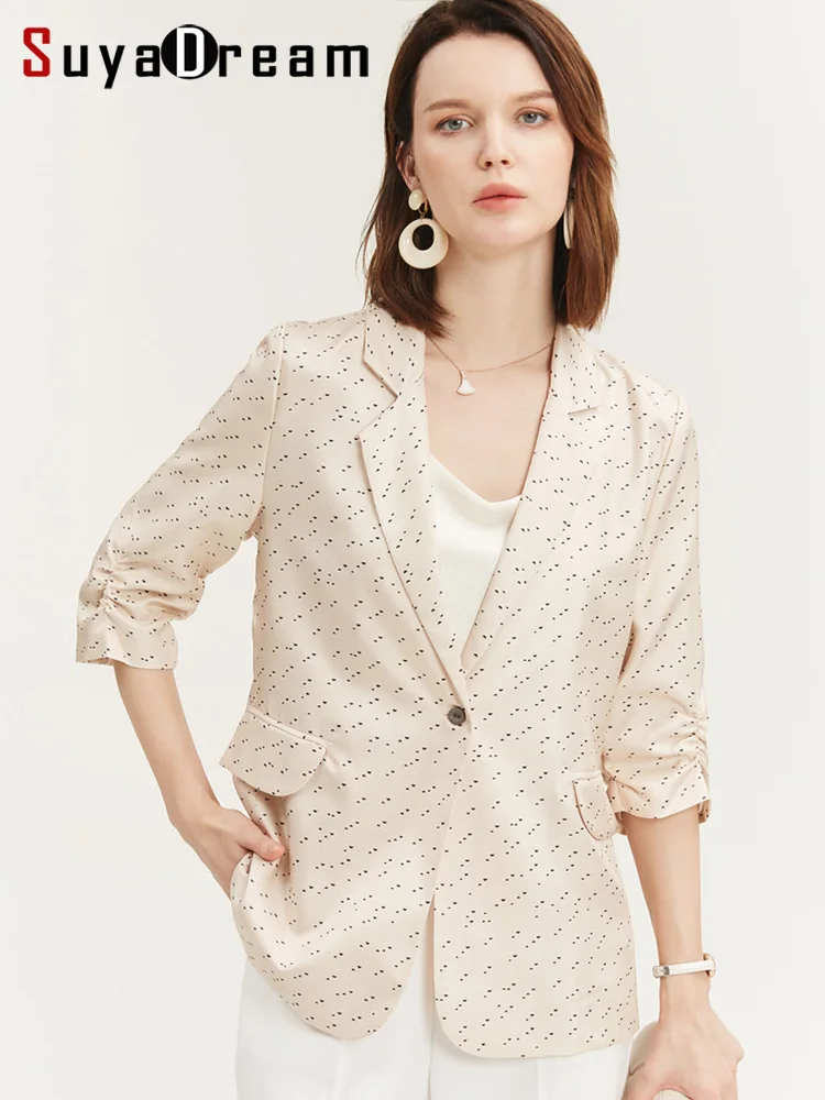SuyaDream Women Dots Printed Blazer 100%Silk 3/4 Sleeved Chic Blazers 2022 Spring Fall Office Lady Jackets