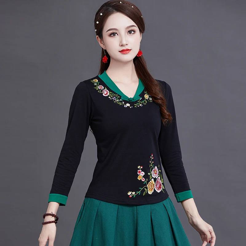 

Cheongsam Women's Short Tops 2023 spring Cotton Blend Embroidery Stand Collar Thickening Chinese Style Qipao Skinny Shirts Woman