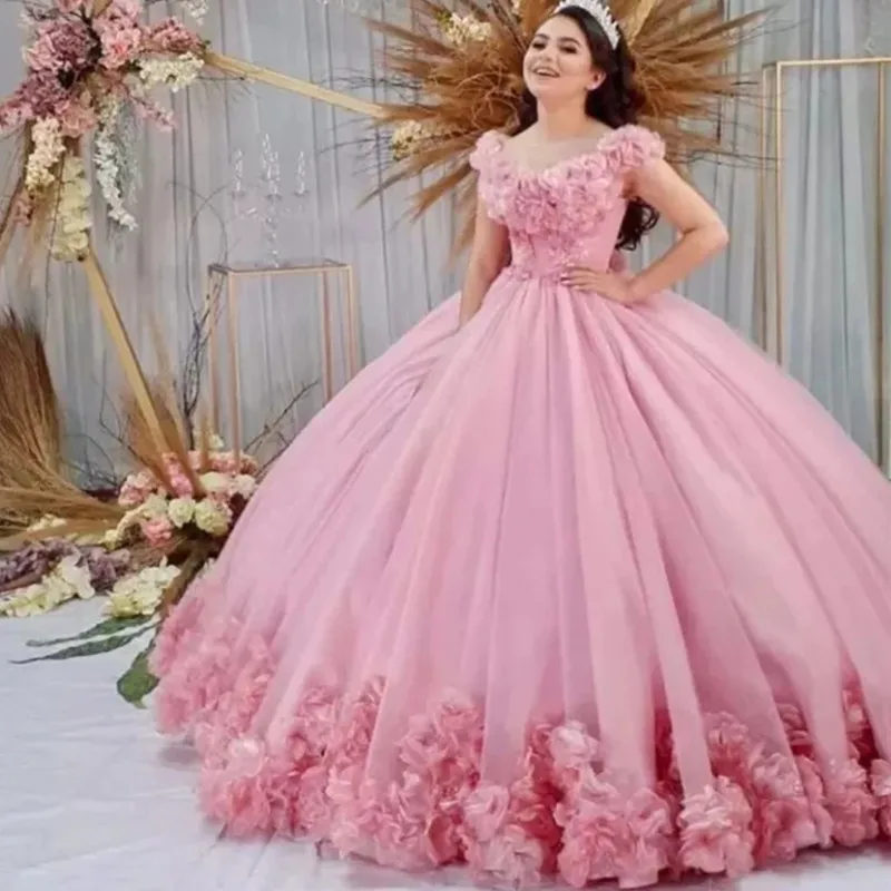 

Princess Pink Quinceanera 3D Flower Dresses Off Shoulder Sweet 15 Party Ball Gown Crystal