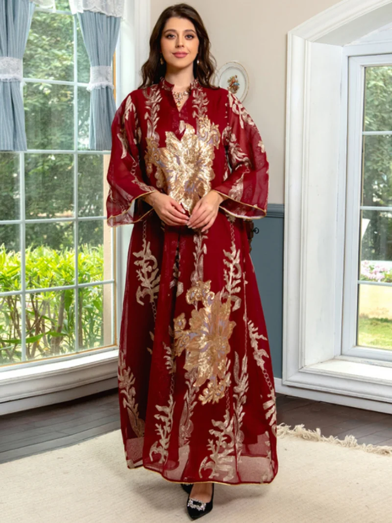 Modest Muslim Moroccan Caftan Dubai Abaya for Women Ramadan Eid-al-Adha 2023 Gold Thread Sequins Embroidery Arab Long Dress Yarn
