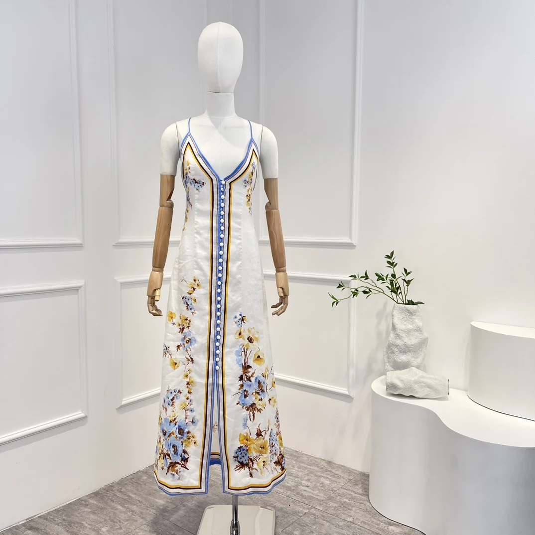 

2023 Top Quality Linen Spring Summer Beach Style White Floral Printing Backless V-neck Midi Dresses Women