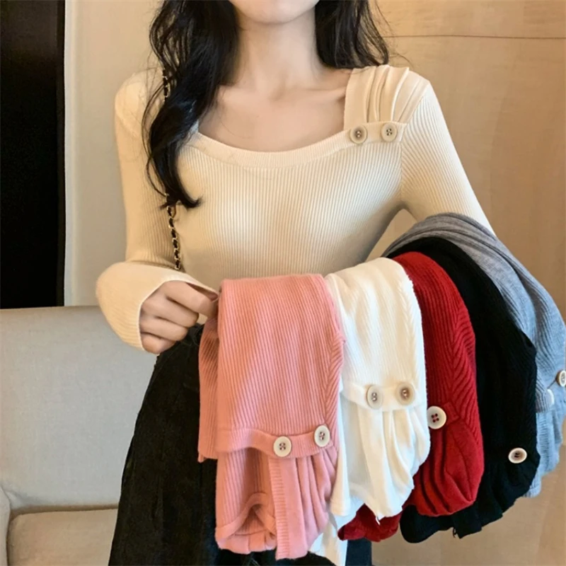 

Женский трикотажный пуловер с квадратным вырезом, приталенный пуловер с длинным рукавом и ярким воротником, Осень-зима 2023