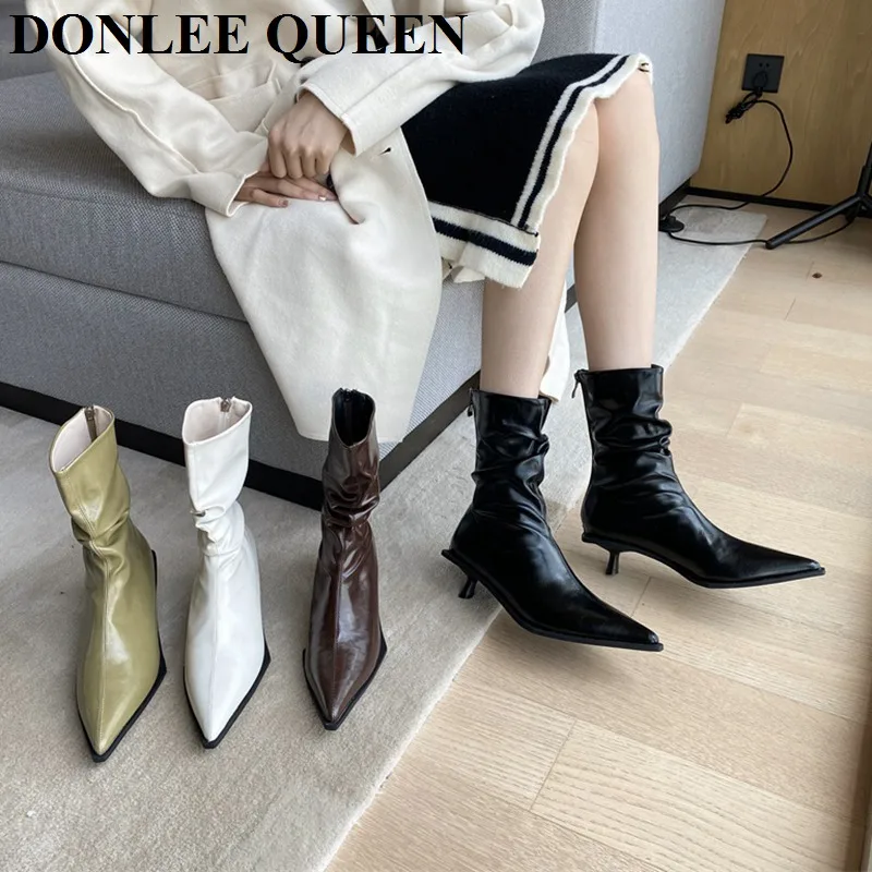 

Модные ботильоны с острым носком, женская обувь на тонком каблуке, элегантные плиссированные Ботинки Челси 2022, брендовые короткие ботинки н...