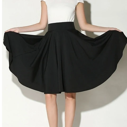 2023 Summer Women Skirts Women Solid  Knee-Length Big Swing Umbrella Skirt High Waist Vintage Ladies Midi Saia Skater Skirt