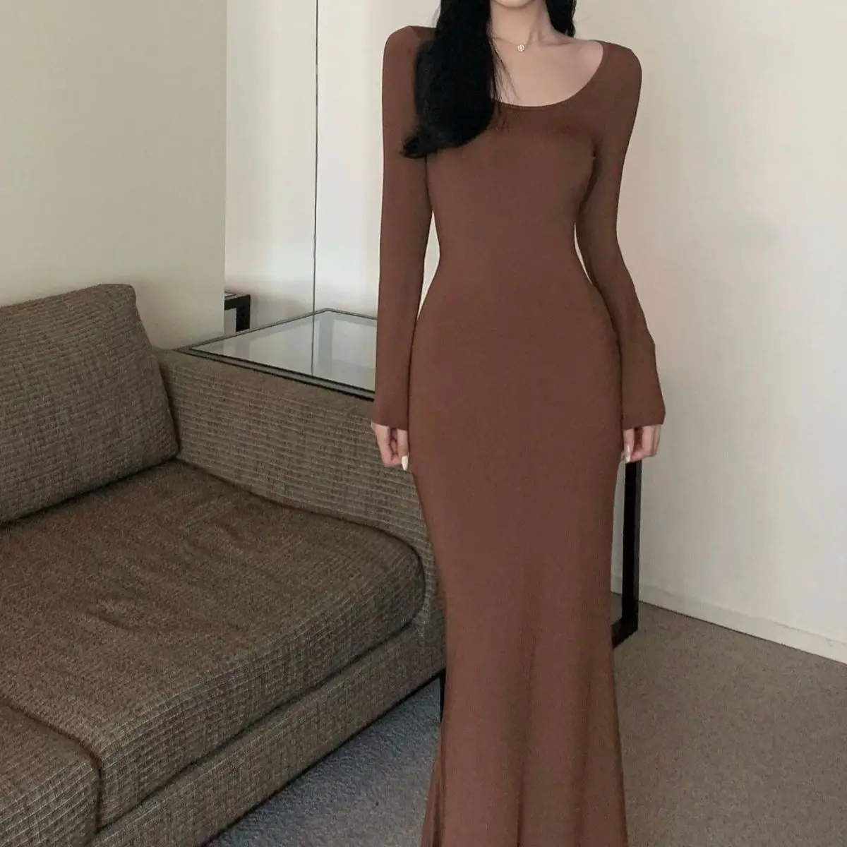 

Пикантное платье с длинным рукавом для девушек, женское осеннее платье, новинка 2023, длинное облегающее платье с карри, юбка-карандаш с запахом и хвостом