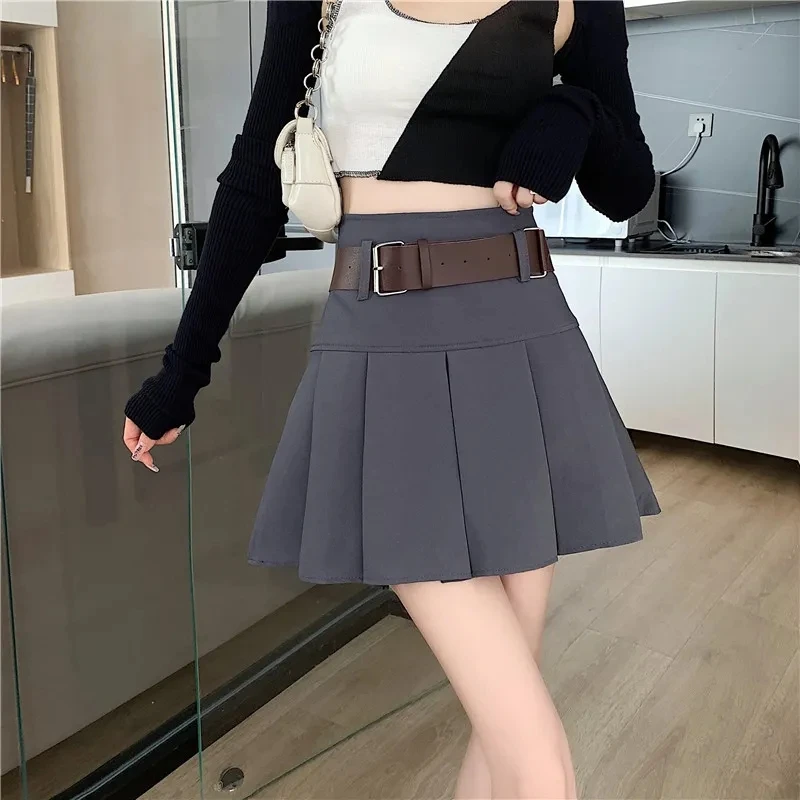 Gray Black Skirt A-line With Belt for Girls Sexy Mini Skirt Summer Short Dresses Women High Waist Pleated Skirts