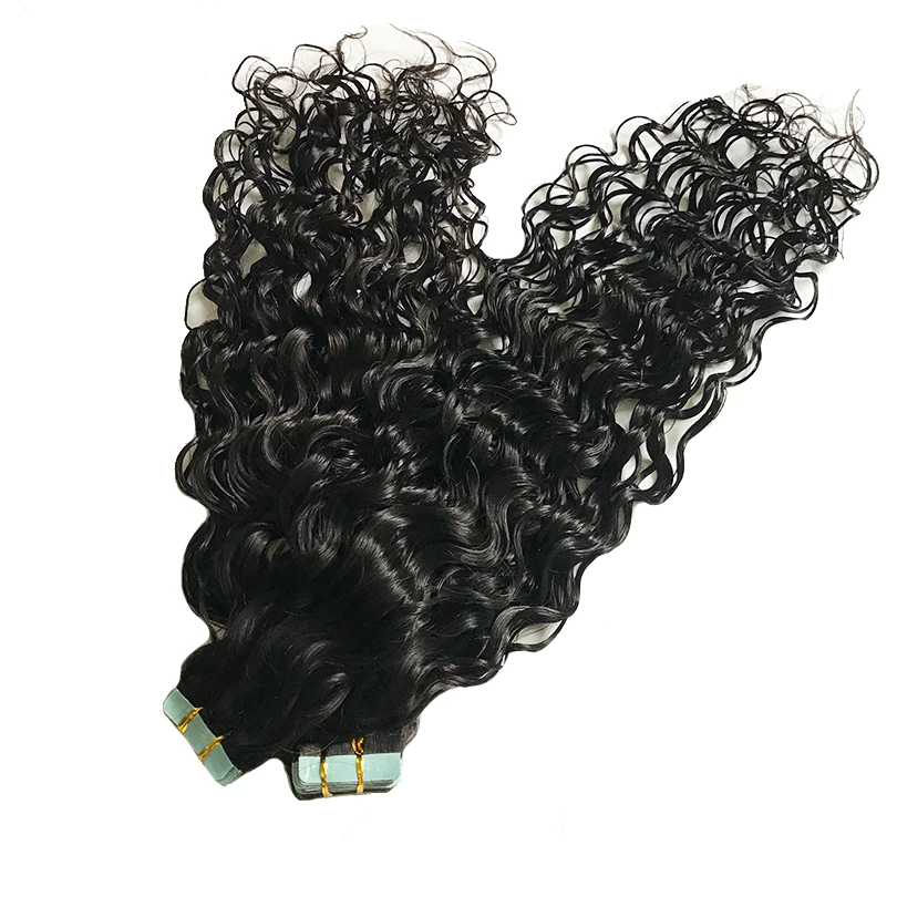 

Color #1 Remy Peruvian Human Hair Skin Weft 40 PCS Curly Tape In Hair Extensions Machine Made Hair Extension