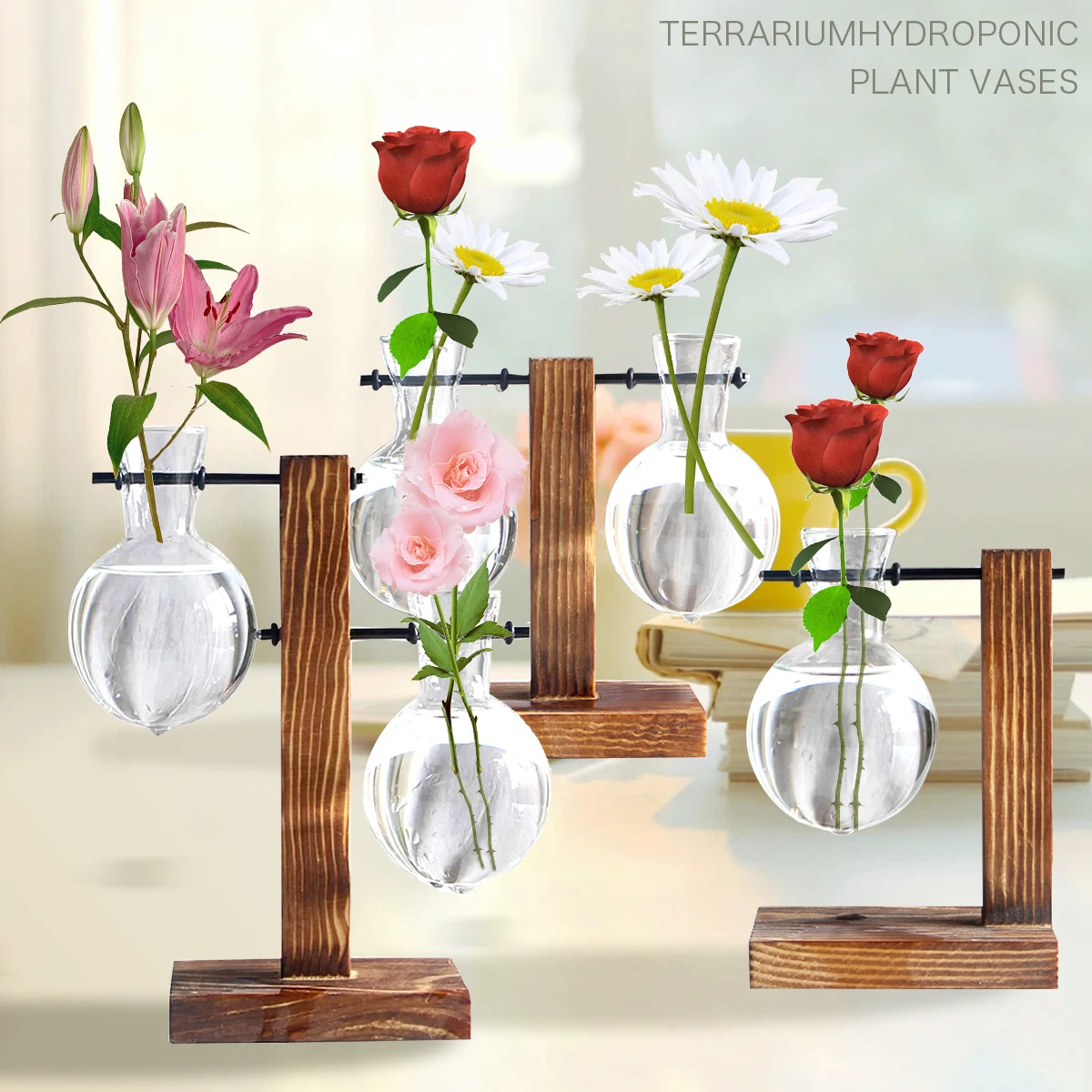 

Terrarium Hydroponic Plant Vase Vintage Flower Vase Wooden Frame Stand Transparent Bulb Glass Bottle Tabletop Plant Bonsai Decor