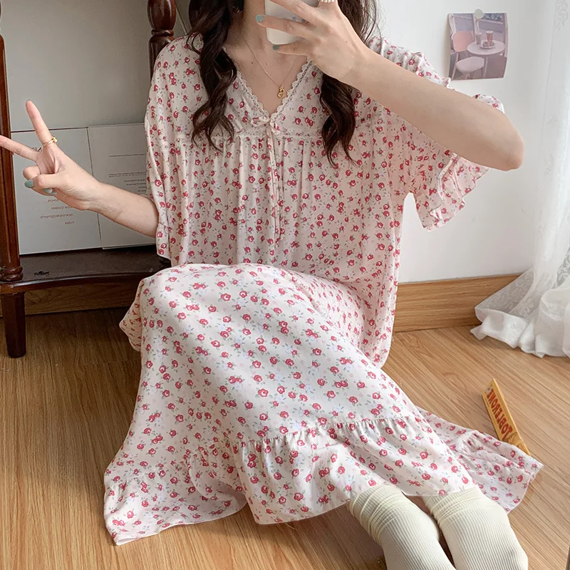 Summer Short Sleeve Loose Thin Young Lady Sweet Pajama V-Neck Floral Print Long Length Dress Cotton Leisure Ventilation Vestidos