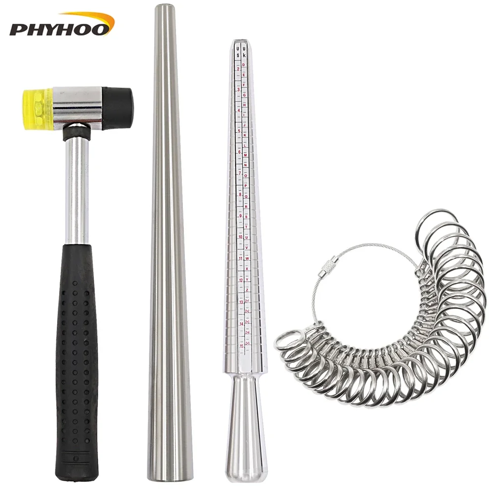 

4PCS Ring Mandrel Sizer Tool with Metal Mandrel Finger Sizing Measuring Stick and Ring Sizer Guage and Rubber Jewelers Hammer