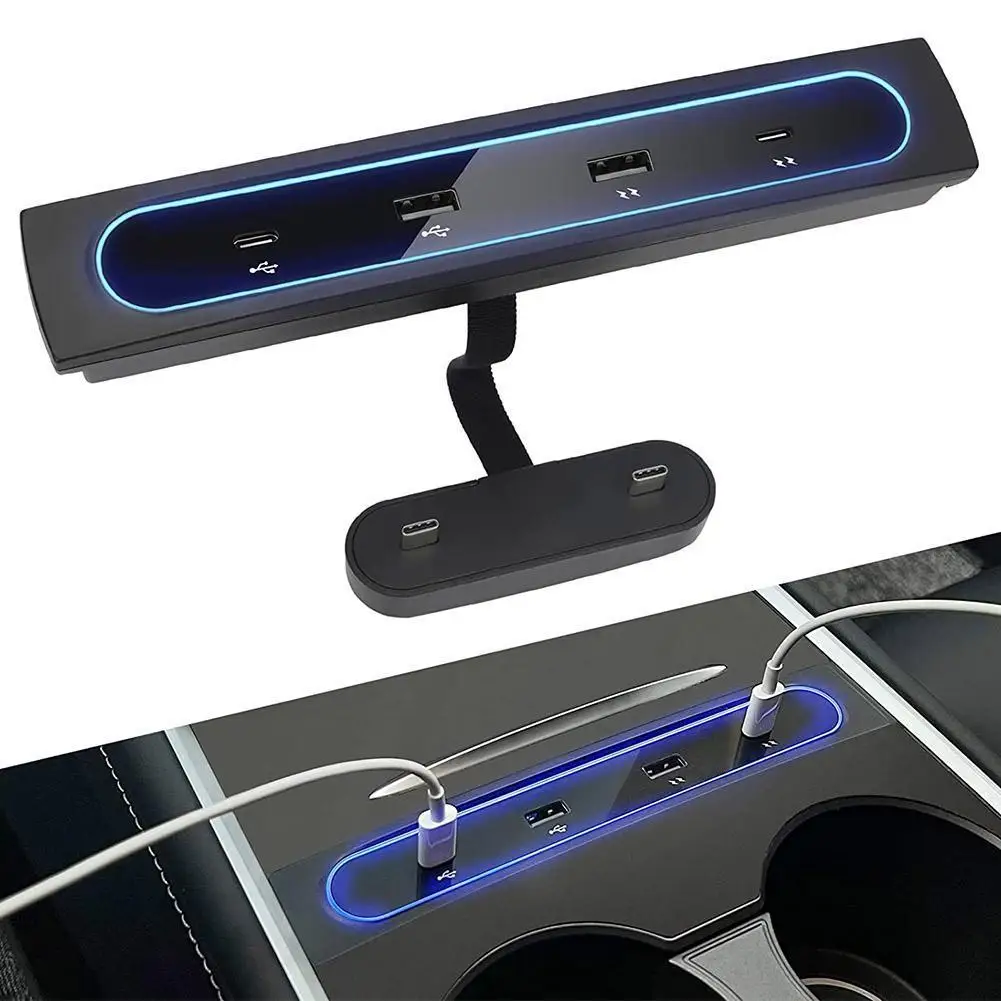 

for Tesla Model 3 Model Y 4 In 1 27W Fast Charger 4 Ports USB Hub Docking Station Car Adapter Charger Powered Splitter Extension