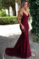 2022 burgundy mermaid sexy long prom dresses deep v neck sexy backless spaghetti straps tulle appliques formal evening dresses
