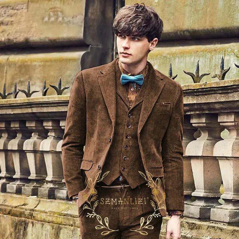 Фото Костюм Homme, коричневый вельветовый винтажный мужской костюм, комплект из 3-х предметов на заказ, свадебный смокинг жениха на заказ, облегающий пиджак для выпускного вечера, жилет, брюки №1