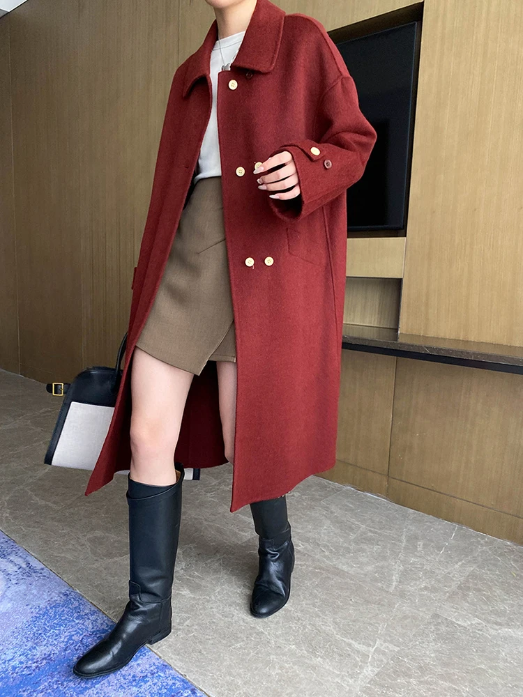 [EAM] 48% шерсть красное длинное теплое шерстяное пальто большого размера новая