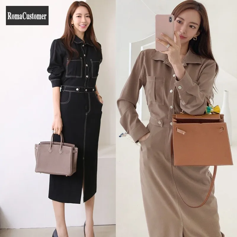 

Womens Dress Spring New Temperament Retro Clothes Split Korean Version All-Match Long Sleeve Trend Female Casual Long Dress