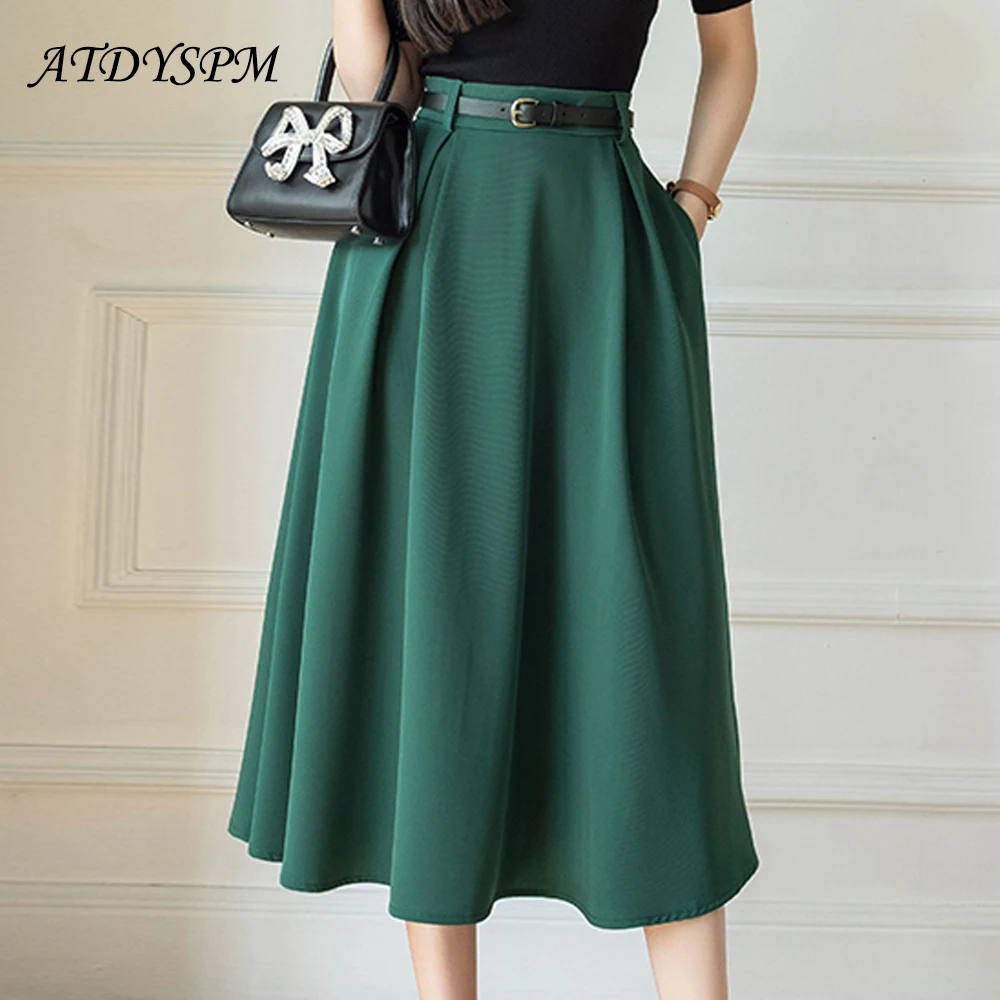 

Korean Fashion Loose Pleated Skirts Women 2023 High Waist A-Line Long Skirt With Belt Janpaese Ladies Casual Streetwear Clothing