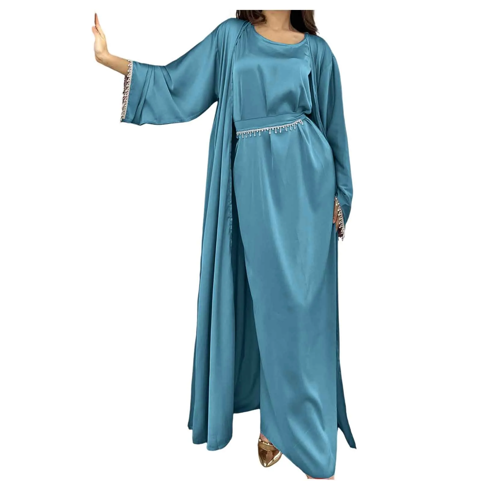 Атласное открытое кимоно с бусинами Abaya мусульманское женское роскошное