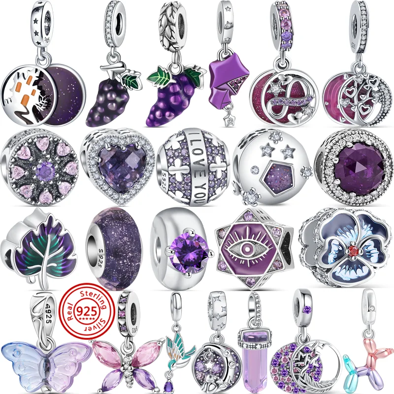 Fit Original Pandora Charms Bracciale Gioielli Nuovo Argento Sterling 925 Viola Zircone Foglie D'Uva Castello Occhi Di Farfalla Perline Fini