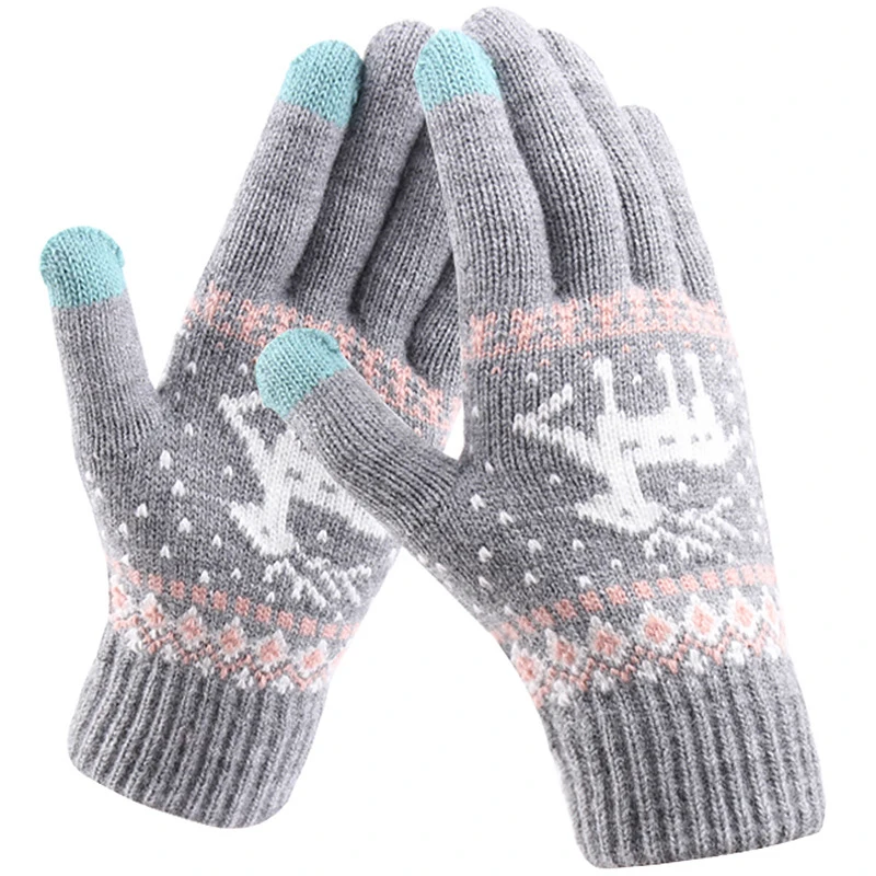 

1 Pairs Women Wool Knitting Gloves Cartoon Deer Thickened Christmas Elk Printed Touch Screen Gloves Outdoor Warm Cycling Mittens