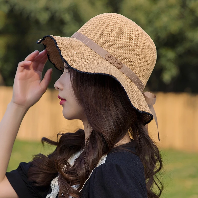 Summer Solid Color Women's Sun Hat Wavy Bow Ribbon Straw Hat Female Korean Summer Sunscreen Breathable Sun Hat