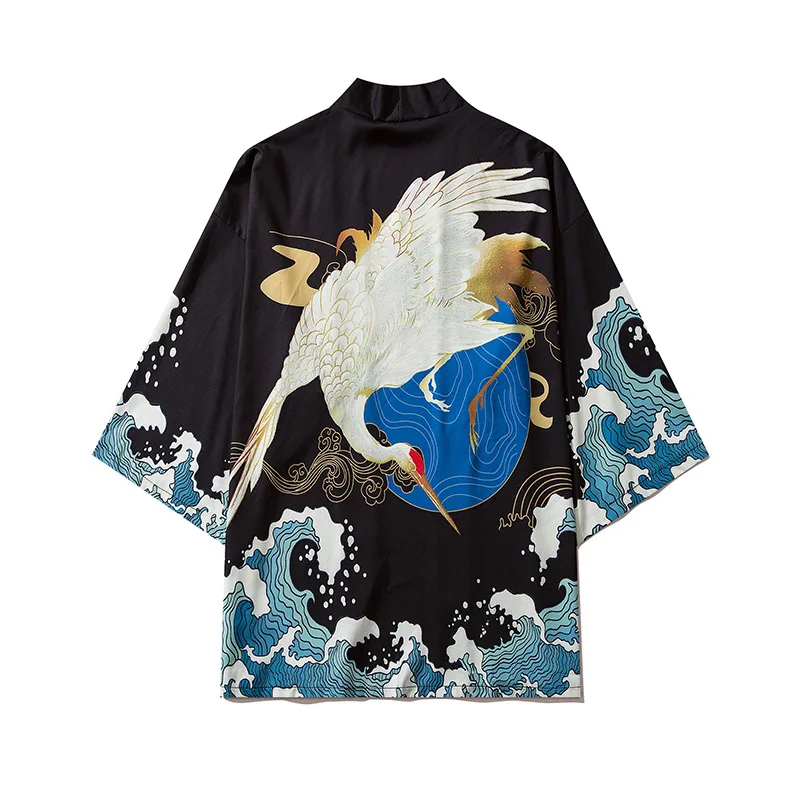 

Fashion Crane Print Black Shirts Streetwear Women Men Yukata Cosplay Cardigan Kimono Summer Japanese Traditional Casual Haori