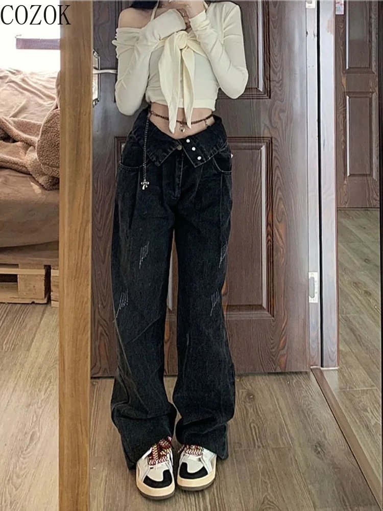 Large Size Retro Black Slimming Jeans Female Hot Girl Design Sense High Street Straight Wide Leg Pants Baggy Jeans Women