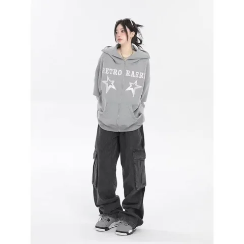 Hip Hop Embroidery Star Letter Zip Up Sweatshirts Y2K women Hoodie Streetwear Cotton Zipper Hooded Jacket Harajuku casual jacket