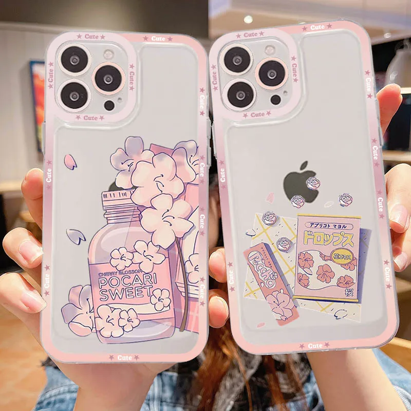 

Anime Pink Cute Kawaii food Phone Case For iPhone 14 13 12 11 Pro Max Mini X Xs XR 6 7 8 Plus SE 2020 Transparent Case
