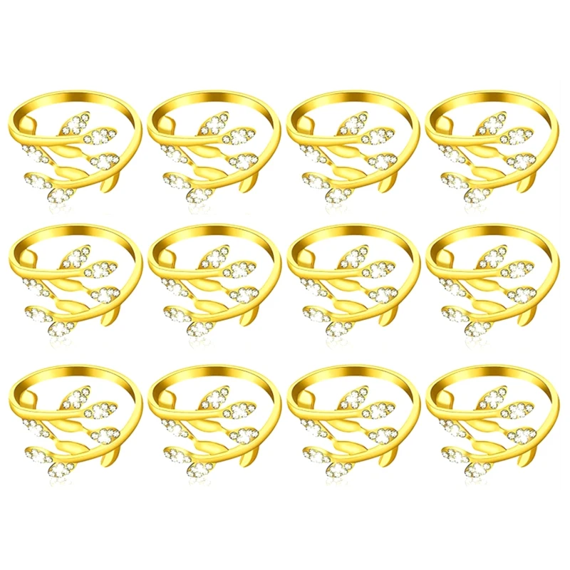 

12 Pcs Leaf Napkin Ring Holder Leaves Napkin Buckle Metal Rhinestone Serviette Buckle For Wedding Dinner Holiday Decor