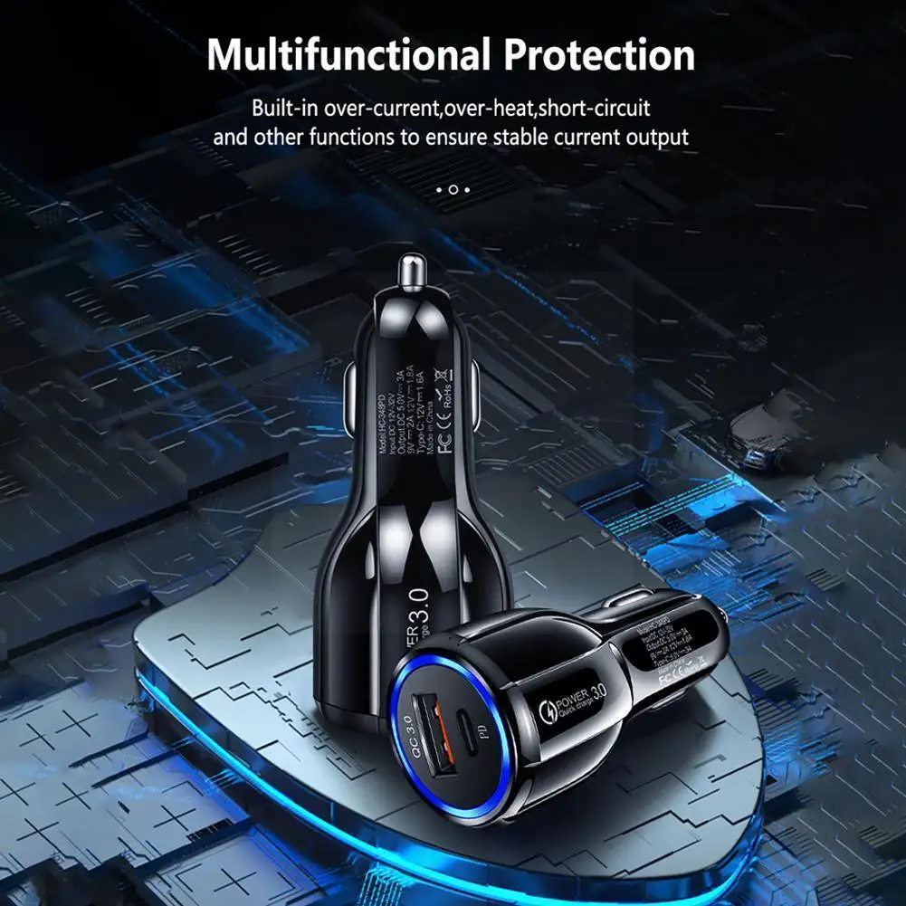 

36w Qc3.0 Dual Fast Charging Car Charger With Type-c Cigarette Lighter Charger Fast Car Flash Interior Car Charging Chargin M1y8