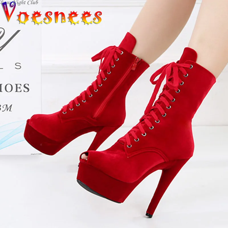 

Женские бархатные ботинки Voesnees, короткие ботинки на платформе 15 см, с открытым носком, на тонком высоком каблуке