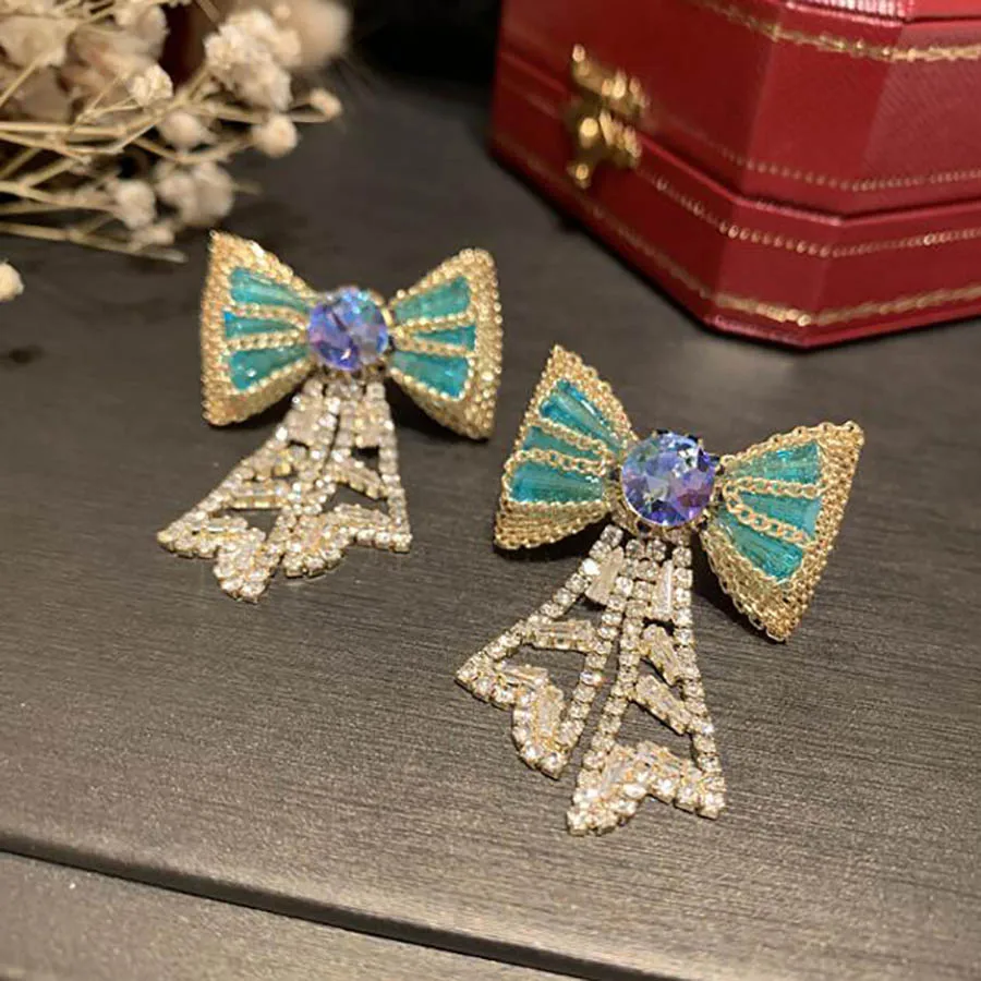 

Sweet bow super Flash S925 retro style Baroque tassel earrings chic girl blue bowknot tassel long party banquet jewelry