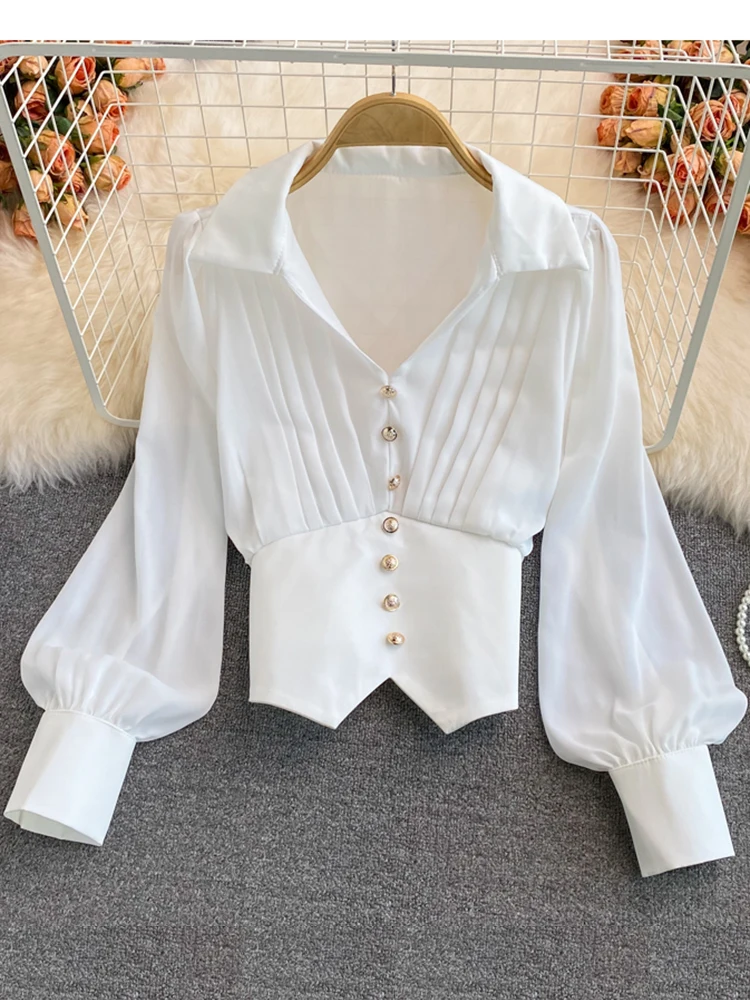 

Chic Spring Autumn New Fashion Ruffled V-neck Long-sleeved Blouse Female French Blusa Irregular Hem Puff Sleeve Shirt KK1154
